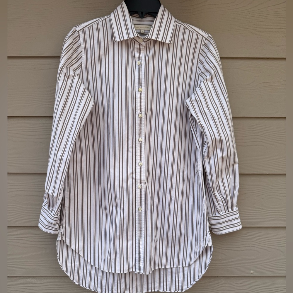 ANN MASHBURN Cotton White Shirt with Brown Stripe
